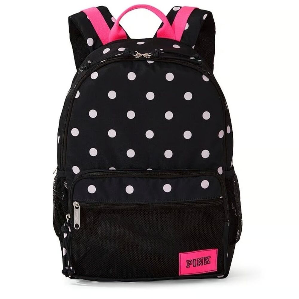 Victoria’s Secret Pink School Classic Canvas Backpack Black-Pink Polka Dot New